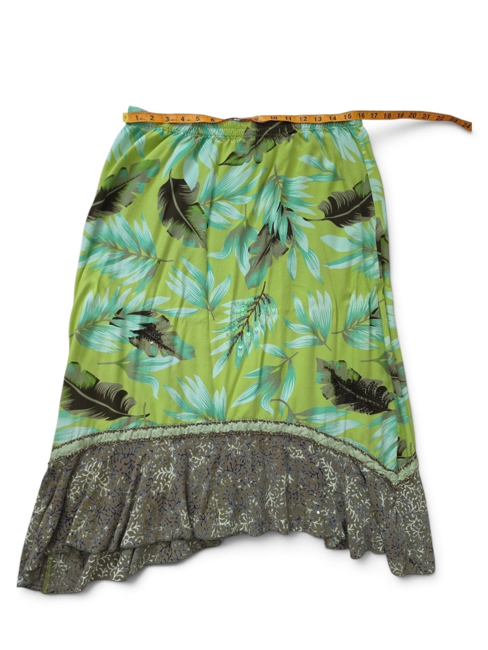 Green Tropical Print Ruffle-Hem Midi Skirt